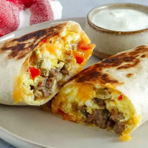 Griddled breakfast burrito cut open with eggs, sausage, peppers, and melted cheese on a plate beside salsa.