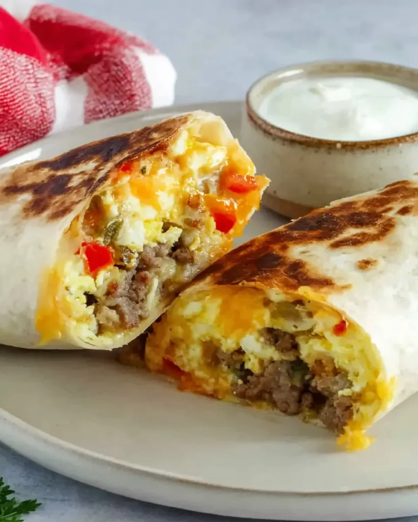 Breakfast Burritos 1 Griddled breakfast burrito cut open with eggs, sausage, peppers, and melted cheese on a plate beside salsa.