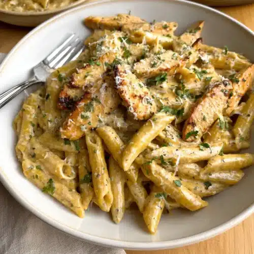 Creamy Garlic Parmesan Chicken Pasta 6 Creamy garlic parmesan chicken pasta with penne and seared chicken in a white bowl