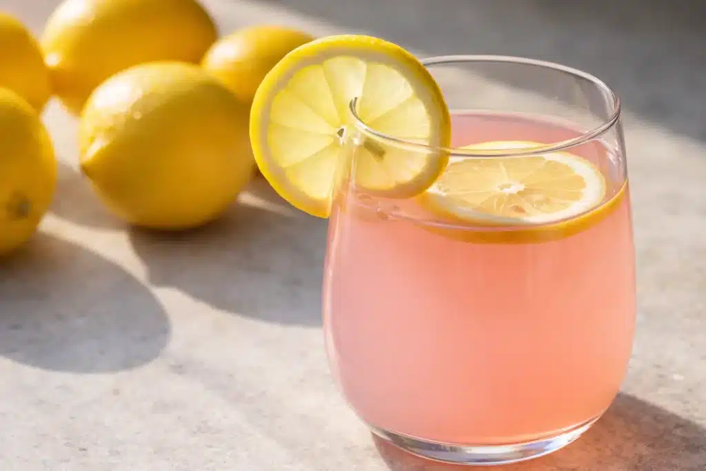 Pink Salt Trick Recipe for Weight Loss Morning Drink 4 Pink salt trick recipe drink with lemon slices in a glass on a bright kitchen counter
