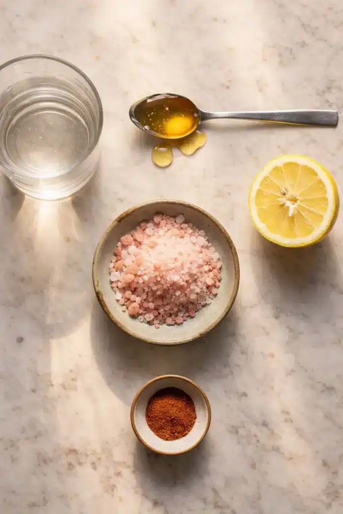 Pink Salt Trick Recipe for Weight Loss Morning Drink 2 Pink salt trick recipe ingredients with lemon, honey, cayenne, and water on a wooden surface