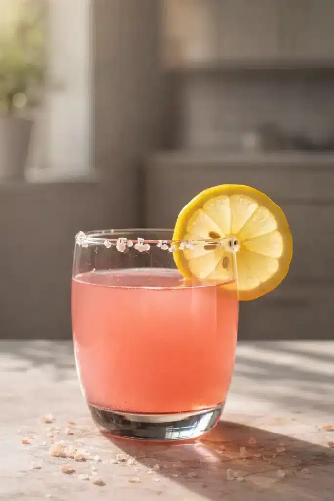 Pink Salt Trick Recipe for Weight Loss Morning Drink 3 Pink salt trick recipe drink with lemon and salt rim in a glass on a sunlit surface