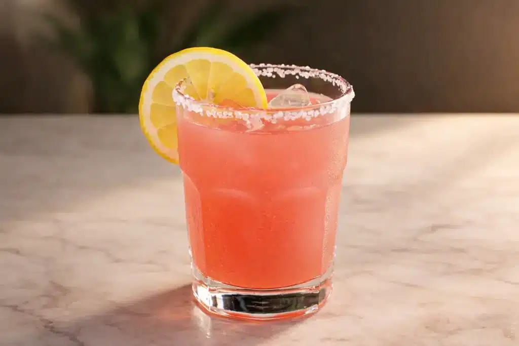 Pink Salt Trick Recipe for Weight Loss Morning Drink 1 Pink salt trick recipe drink with lemon, ice, and salt rim in a glass