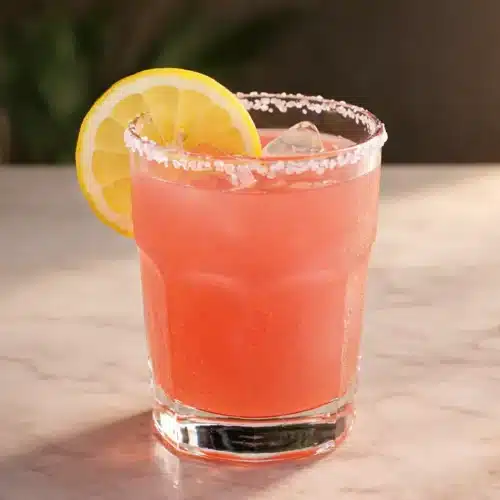 Pink Salt Trick Recipe for Weight Loss Morning Drink 5 Pink salt trick recipe drink with lemon, ice, and salt rim in a glass