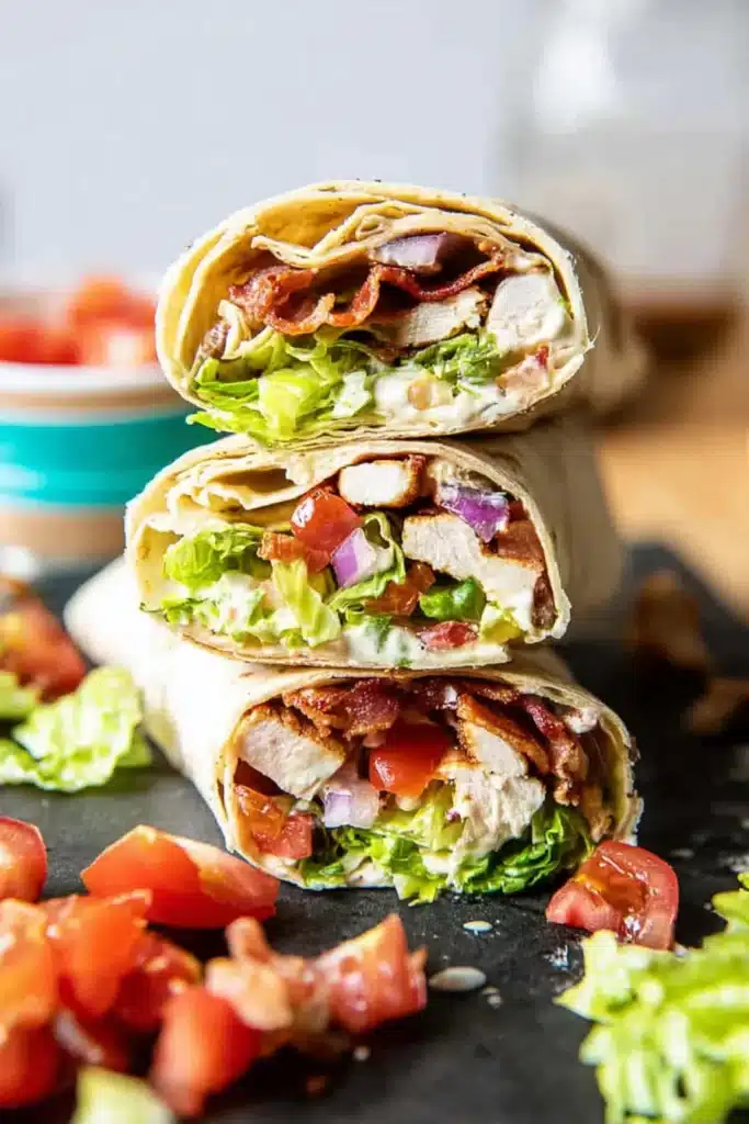 Chicken bacon ranch wrap halves stacked with lettuce tomato bacon and grilled chicken