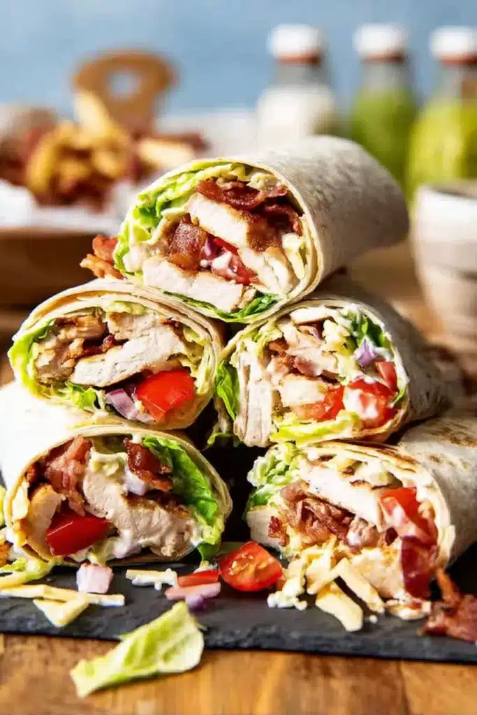 Chicken Bacon Ranch Wrap stacked halves with grilled chicken bacon and fresh veggies