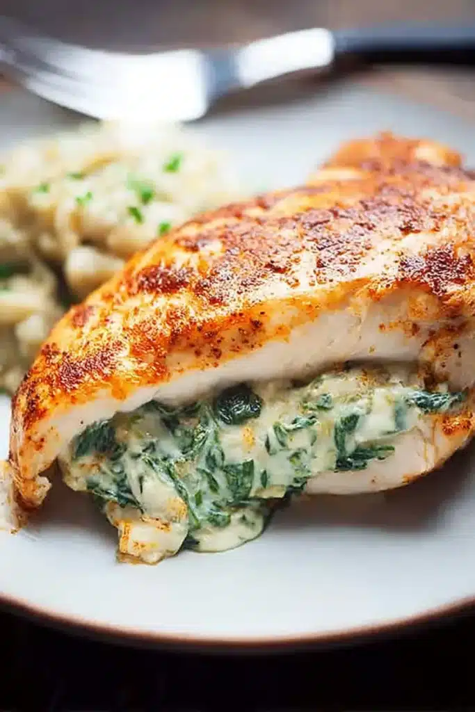 Creamy Spinach Stuffed Chicken with cheesy spinach filling on a plate