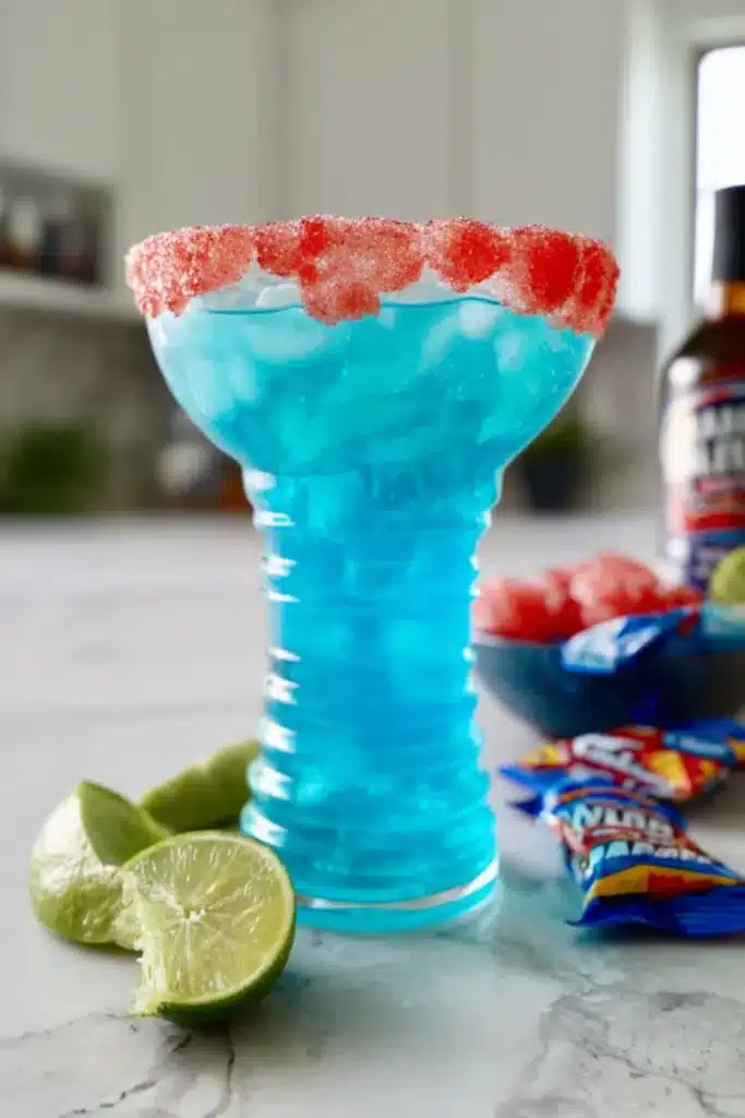 Firecracker Margarita 3 Firecracker Margarita with blue cocktail and red candy rim in tall glass