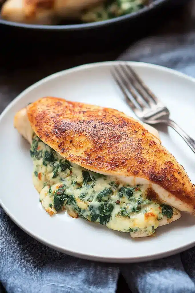 Spinach Stuffed Chicken with creamy spinach cheese filling on a plate
