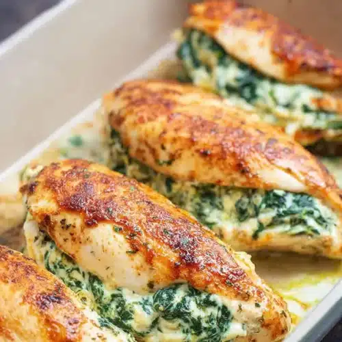 Golden baked spinach stuffed chicken breasts with creamy cheese filling