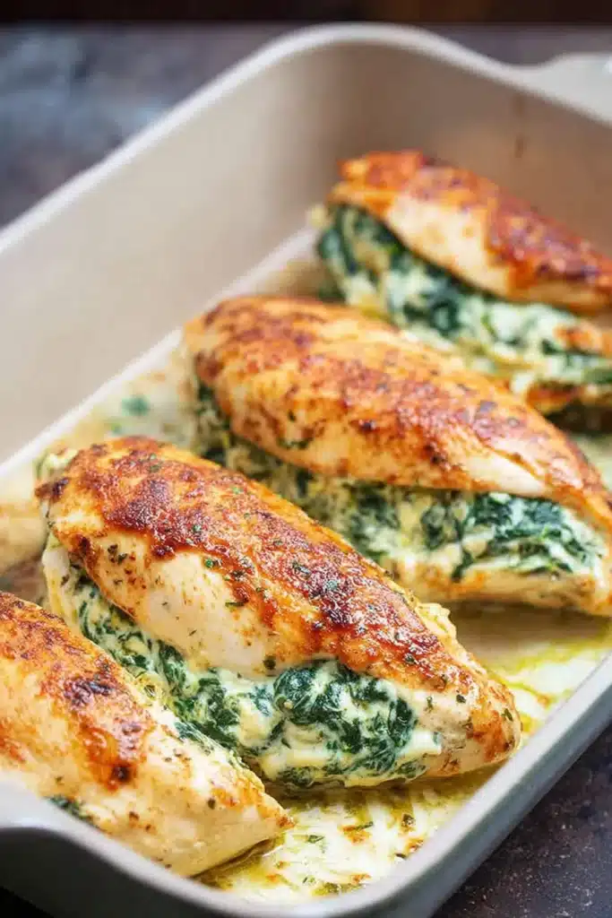 Golden baked spinach stuffed chicken breasts with creamy cheese filling